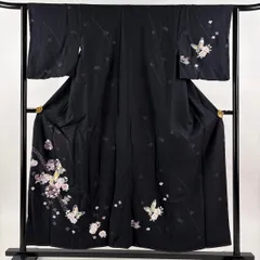 付下げ 身丈154cm 裄丈63cm S 袷 蝶 花丸文 ぼかし 墨色 正絹 秀品 【中古】