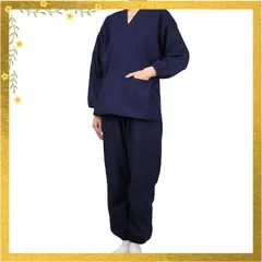 [TOuWA] 作務衣 女性用 洗える 無地 通年用 さむい さむえ 作業着 浴衣 甚平 寝間着 パジャマ 部屋着 上下セット (紺M)