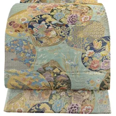【美品】 袋帯 秀品 貝合わせ 花鳥 箔 金糸 灰緑 六通 正絹 【中古】