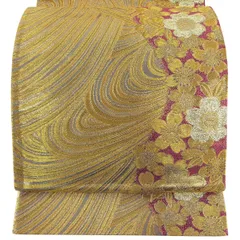 【美品】 袋帯 秀品 振袖向き 桜 幾何学 金糸 箔 金色 六通 正絹 【中古】