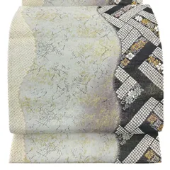 袋帯 秀品 花唐草 疋田柄 金銀糸 箔 灰色 六通 正絹 【中古】