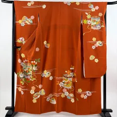 振袖 身丈160.5cm 裄丈65.5cm M 袷 誰が袖好み 落款 貝桶 橘 刺繍 金銀彩 オレンジ 正絹 逸品 【中古】