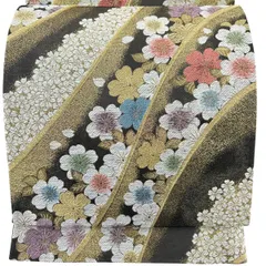 【美品】 袋帯 秀品 振袖向き 桜 流水 金糸 箔 金色 六通 正絹 【中古】