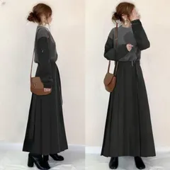 送料無料 ロングワンピース 即購入OK 春秋 切り替え ワンピース レディース プリーツワンピース 秋冬 ワンピース レディース プリーツワンピース 丸首 長袖