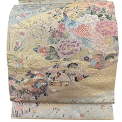 【美品】 袋帯 秀品 関西仕立て 孔雀 草花 唐織 金糸 金色 六通 正絹 【中古】