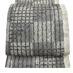 【美品】 開き名古屋帯 秀品 格子 幾何学 灰色 正絹 【中古】