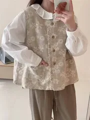 送料無料 ベスト 花柄 レディース 新作 ラウンドネック 綿 コート ノースリーブ フリル デザイン感 プリント 重ね着 ジレ トップス 前開き 羽織り ボタン お洒落 ゆったり 春 夏 秋 アウター カジュアル 通勤 OL オ