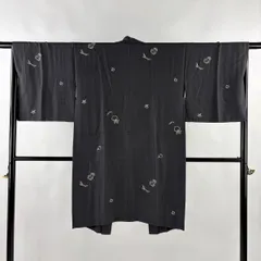 羽織 身丈101cm 裄丈67cm M 生り物 黒灰 正絹 名品 【中古】
