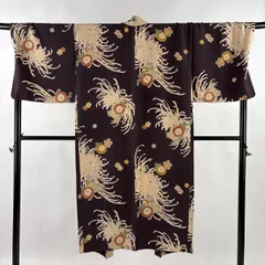 羽織 身丈132cm 裄丈72cm L 乱菊 桜 ちりめん 茶紫 正絹 名品 【中古】