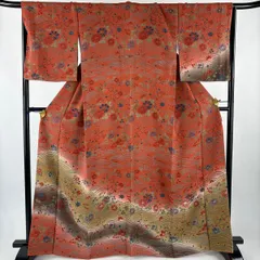 付下げ 身丈164.5cm 裄丈68cm L 袷 草花 波 金彩 ぼかし オレンジ 正絹 名品 【中古】