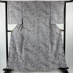 【美品】 小紋 身丈161cm 裄丈64cm M 袷 草花 霞 紋意匠 灰紫 正絹 名品 【中古】