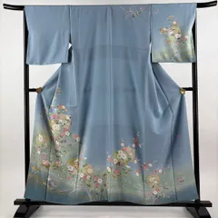 訪問着 身丈157cm 裄丈66.5cm M 袷 落款 色紙 草花 金彩 ぼかし 水色 正絹 秀品 【中古】