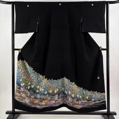 黒留袖 身丈154.5cm 裄丈63cm S 袷 落款 鶴 鴛鴦 黒 正絹 秀品 【中古】