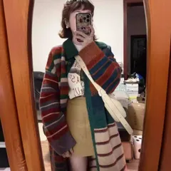 送料無料 ロングカーディガン レディース ニット ニットカーディガン 切り替え 配色 ロング丈 コート 体型カバー ゆったり 可愛い 秋冬 大人 OL シンプル カジュアル お洒落 通勤 通学 着痩せ 韓国風 ギフト