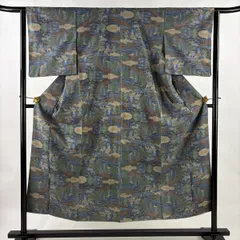 【美品】 紬 身丈152cm 裄丈63cm S 袷 建物 樹木 青緑 正絹 秀品 【中古】