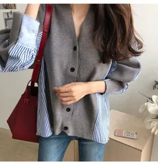 送料無料 ニット カーディガン レディース 異素材 ドッキング 長袖 ストライプ ボリューム袖 長袖 無地 おしゃれ 可愛い 流行 シンプル カジュアル チェック シャツ ブラウス