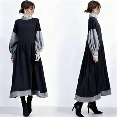 送料無料 ワンピース長袖 未使用 バイカラー ロングワンピース レディース秋服50代 40代50代60代 大人きれいめ フレアワンピース Aラインワンピース ギャザー おしゃれ 春秋冬