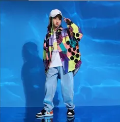 送料無料 ダンス 衣装 ヒップホップ キッズ 幾何柄シャツ 上下3点セット デニムパンツ キッズダンス衣装 練習着 男の子 女の子 子供 ｔシャツ ジャズダンス ステージ衣装 派手