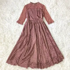【新品タグ付き】Rire Fete レースのロングドレスワンピース フレア 裏地付き 七分袖 オケージョンワンピース 結婚式 同窓会 パーティー レンガ ローズカラー 38サイズ