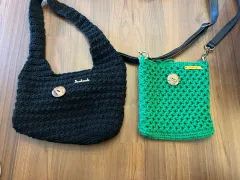 ハンドメイド かぎ針編み バッグ ブラック/グリーン