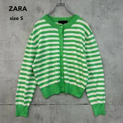美品 ZARA ザラ ボーダー ニット カーディガン クルーネック 長袖 トップス 丸首 グリーン ホワイト チェック柄 ナイロン ストレッチ ジャガード 編み カジュアル 羽織り インディックス スペイン 伸縮性 ★ ■◇