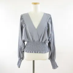グレイル GRL カットソー ブラウス 長袖 Vネック シャーリング 青 M *T793