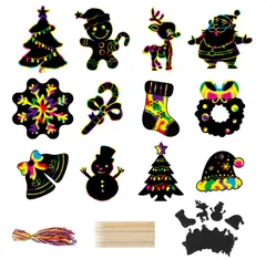 スクラッチ 飾り お絵描き クリスマスツリー 48枚セット専用竹ペン12本付き カラフル 虹絵ー 無地 スクラッチアート DIY クリスマス DERAYEE
