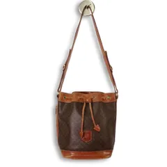 【人気】CELINE セリーヌ マカダム トリオンフ 巾着 ショルダーバッグ 斜め掛け クロスボディ PVC レザー 茶 ゴールド金具 ヴィンテージ