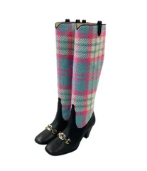 美品 グッチ ロングブーツ ホースビット チェック柄 サイドジップ レディース SIZE 35 1/2 GUCCI