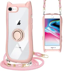 【特価商品】for iPhone 7 / 8 se se2 se3 専用 ケース ショルダー クリア カバー リング付き 隠しスタンド 猫耳 ネコミミ 背面ガラス かわいい おしゃれ スタンド付き ストラップホール アイフォン7 スマホケース 多機能 全面保護