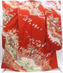 【一輝堂】振袖 金駒刺繍 鶴・扇子・花 金彩 正絹 美品 身丈164.5cm 裄丈68cm 26z02-643