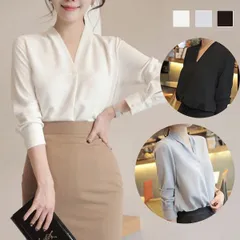 2B6【送料無料】【在庫処分】 【在庫限り】Vネックブラウス 無地 おしゃれ トップス 韓国ファッション オフィス レディース 夏＆秋バーゲン a201020-90