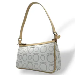 フェラガモ Salvatore Ferragamo ハンドバッグ アクセサリーポーチ ミニバッグ ガンチーニ AU-21 7497 グレー ベージュ レザー シルバー金具 ロゴ ワンショルダー 肩掛け可 レディース C5