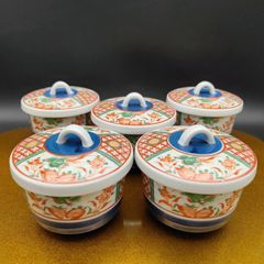 美濃焼 古代赤絵 十五代隆泉窯 茶碗蒸し器 蓋受け皿付 5個セット