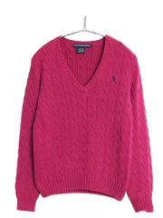 【お得なクーポン配布中!】 ラルフローレン Vネック コットン ケーブル ニット セーター レディース L 古着 ポロ スポーツ ワンポイント きれいめ カジュアル ピンク