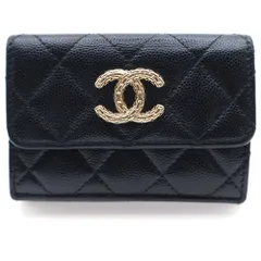 CHANEL (シャネル) マトラッセ 三つ折り財布 ブラック キャビアスキン ゴールド金具