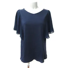 スタディオクリップ Studio Clip チュニック カットソー フレア袖 切替 シフォン 半袖 L 紺 ネイビー /YI