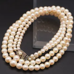 Q537 本真珠 4.2-7.8ｍｍ珠 パール SILVER刻印 ネックレス 2連 デザイン シルバー 6月誕生石