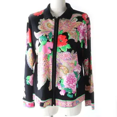 【ドンドン見直し】美品★正規品 レオナールファッション 0337213 花柄×ペイズリー柄 ラインストーン付き ZIP UP カーディガン ブラック×マルチ LL 日本製 コットン