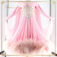 社交ダンス 衣装 スタンダードドレス ワンピース ドレス ファー フロート プリーツ デモ 競技 ダンス パーティ 発表会 ボリューム 豪華 細身 ピンク系 ホワイト系 高級感 ステージ用 競技用 大人向け 女性用 ダンスウエア