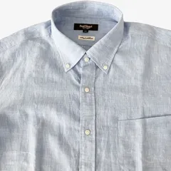 Paul Stuart(ポール・スチュアート) 麻100% リネン BDシャツ LL 青 無地 ロールアップ 長袖 ボタンダウンシャツ ポケット付 メンズ XL相当