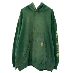 メキシコ製 carhartt プリントスウェット パーカー 2XL グリーン カーハート プルオーバー アームプリント フーディー 秋物 a802-5636
