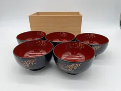 山中塗　お椀　5点セット　春秋　漆　うるし　漆塗り　もみじ　桜　花びら　金彩絵付　昭和レトロ　昭和　レトロ