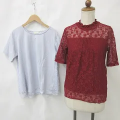 アースミュージック アンド エコロジー EARTH MUSIC ECOLOGY ブラウス カットソー 2枚セット 半袖 総レース ハイネック レッド グレー 赤 M F