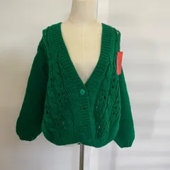 【Y-76】カーディガン　グリーン　ケーブル編み　ニット　フリーサイズ　タグ付き