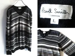 90sビンテージ Paul Smith LONDON ポールスミス ウール マルチボーダー Vネックニット ハイゲージニット L ブラック グレー ベージュ