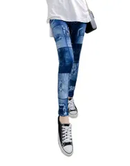 【数量限定】[Uroi] デニム風 レギンス レディース 美脚 パンツ スパッツ レギパン スキニー ストレッチ ウォッシュ感 ダメージ加工 ウエストゴム