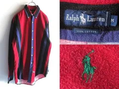 希少 90sビンテージ Ralph Lauren ラルフローレン ポロポニーロゴ刺繍 パネルストライプ ネップネル BDシャツ M 赤 黒 紫 RN41381 USA企画