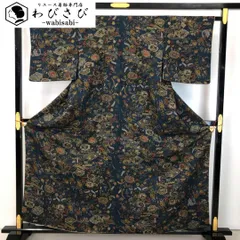 小紋 花柄模様 縮緬 鉄紺色 K-5624