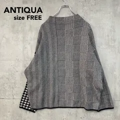 美品 ANTIQUA アンティカ 千鳥柄ニットプルオーバー グレー パターントルソ ハウンドトゥース ヘリンボーン 切替 配色 オーバーサイズ ゆるだぼ ビッグシルエット ボートネック トップス セーター 総柄 変形 ドロップショルダー 長袖 ★ ◆■